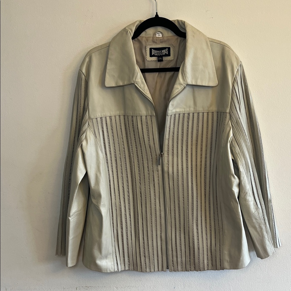 Beverly Hills Leather Club Cream Leather Jacket with Stripe Design